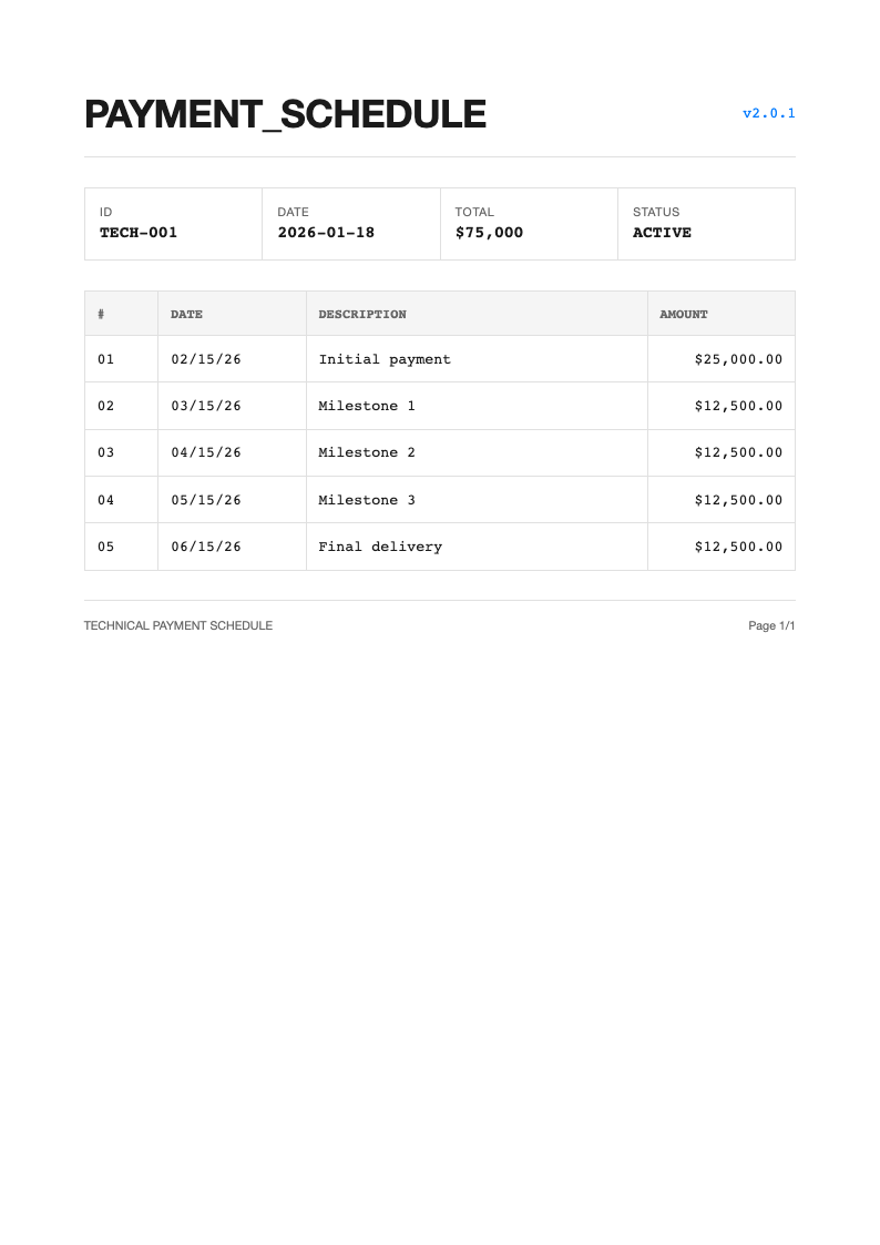 Technical minimalist payment schedule
